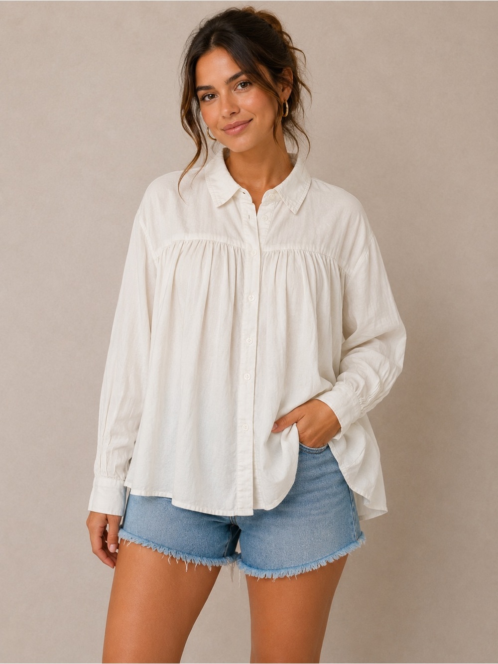 P Cill White Oversized Cotton Button Front Blouse Size Large